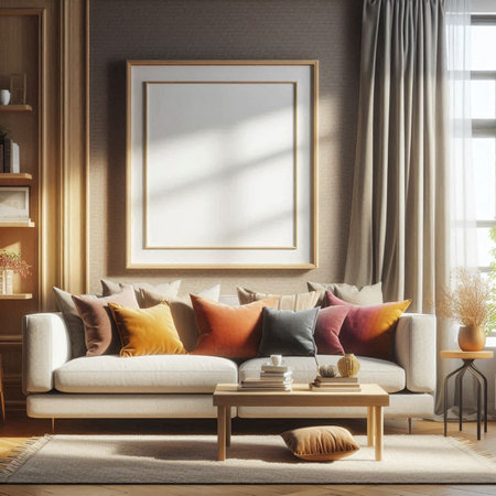 Interior of modern living room with white sofa, coffee table, bookshelf and empty poster.