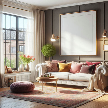 Living room interior with a sofa, a coffee table and a poster. 3d rendering mock upの写真素材