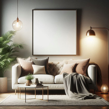 Mock up poster frame in interior background, Scandinavian style, 3D renderの写真素材