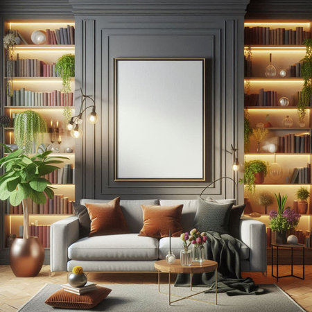 Mock up poster frame in interior background. 3D Illustration