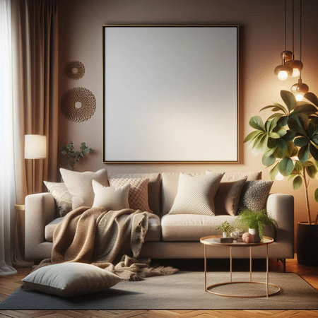Interior of modern living room with beige sofa, coffee table and poster. 3d renderの写真素材