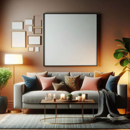 Interior of modern living room with brown walls, concrete floor, comfortable gray sofa with...