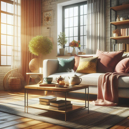 Interior of modern living room with sofa, coffee table and books. 3d render