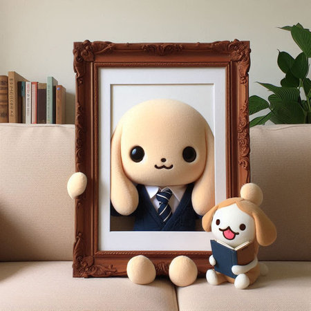 Kawaii dog in the picture frame on the sofa with a bear