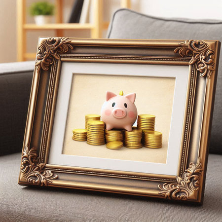 Piggy bank with coins in photo frame on sofa in room