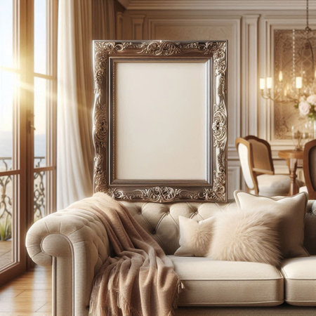 Mock up blank photo frame in classic interior with armchair. 3d renderingの写真素材