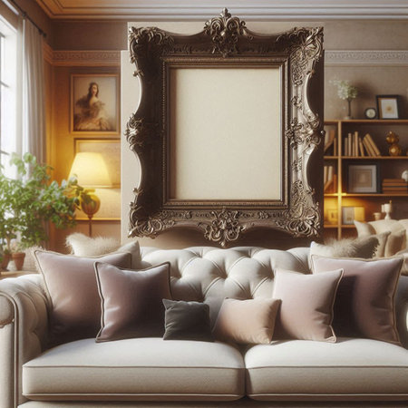 Luxury living room interior with classic sofa, pillows and picture frame. 3d render