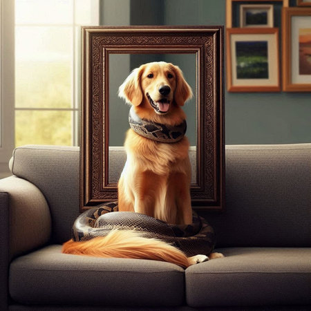 Golden retriever sitting on sofa and looking at picture frame in room