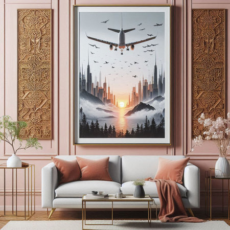 Interior of modern living room with pink walls, carpeted floor, comfortable sofa, coffee table and...