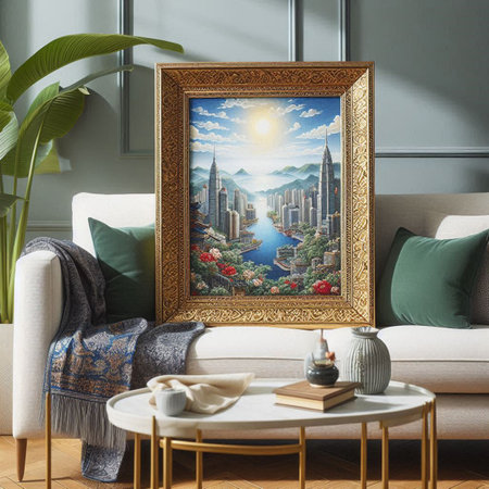 modern living room with a picture frame on the wall. 3d rendering