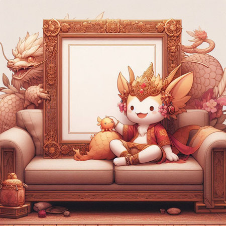 Cute cartoon dragon with a cat sitting on a sofa in the interior.の写真素材
