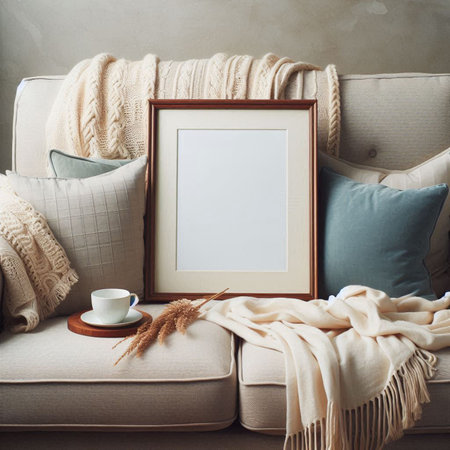 Cozy living room interior with empty picture frame, coffee cup and plaid. Mock up