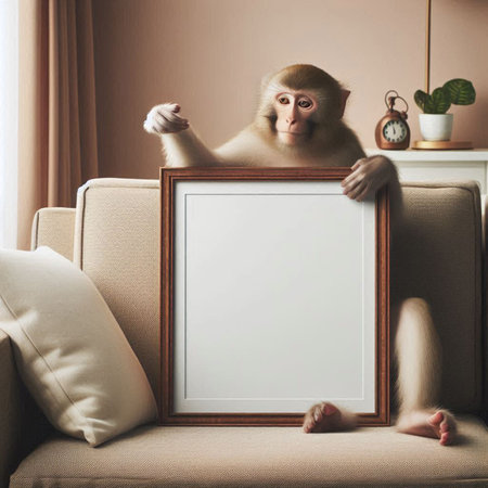 Monkey sitting on a sofa and holding a blank picture frame.