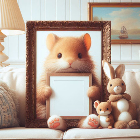 Cute little orange hamster with photo frame on sofa at home