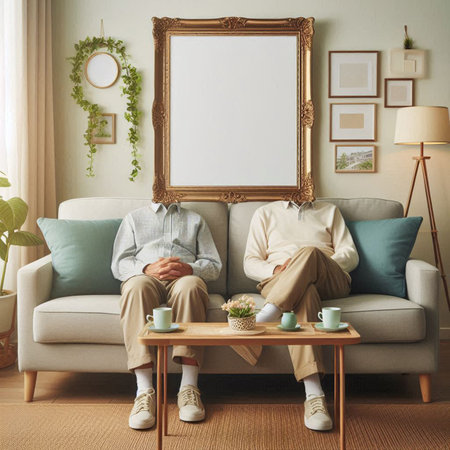 Elderly couple sitting on sofa in living room at home.