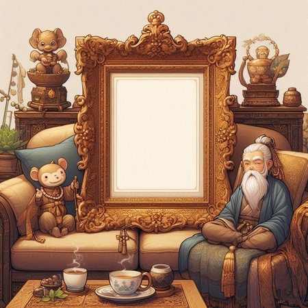 Illustration of a picture frame with an old man sitting in an armchair.