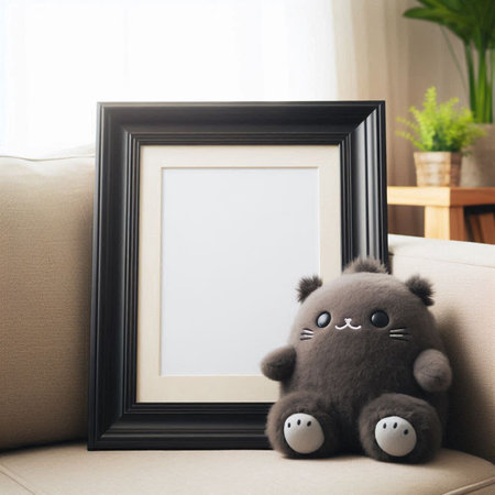Photo frame mockup with cute teddy bear sitting on sofa at homeの写真素材