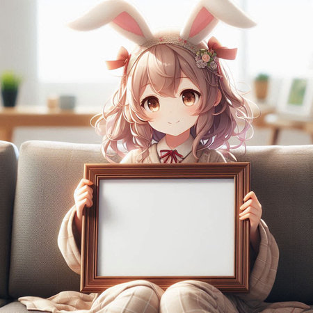 Cute little girl in bunny costume holding blank frame on sofa at homeの写真素材
