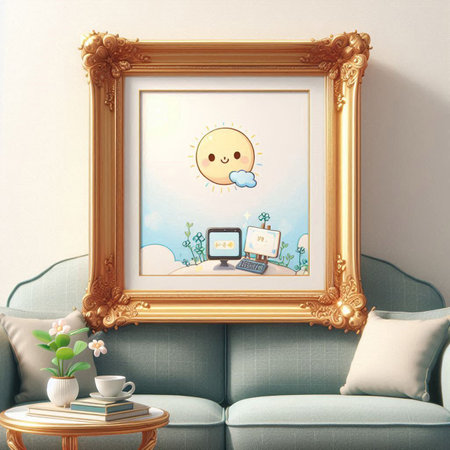 Interior of living room with blue sofa, coffee table and picture frame