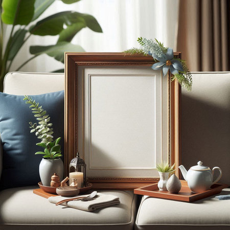 Blank picture frame mockup in interior background. 3d render