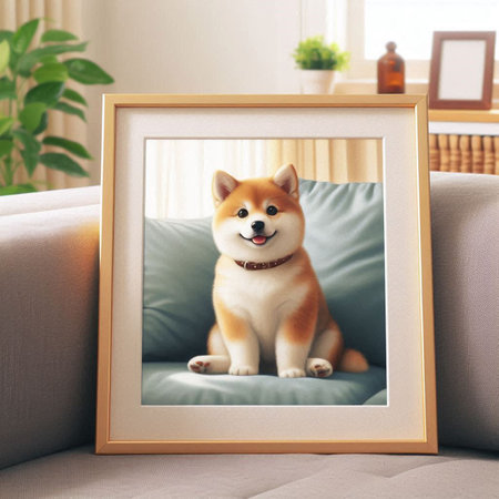 Photo frame with cute shiba inu dog on sofa at home