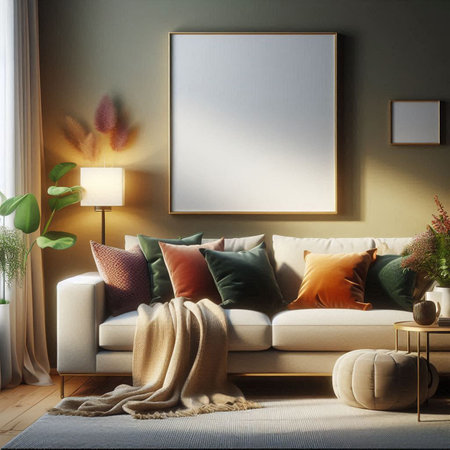 Interior of modern living room with white sofa, pillows and plants. Mock up poster. 3d renderの写真素材
