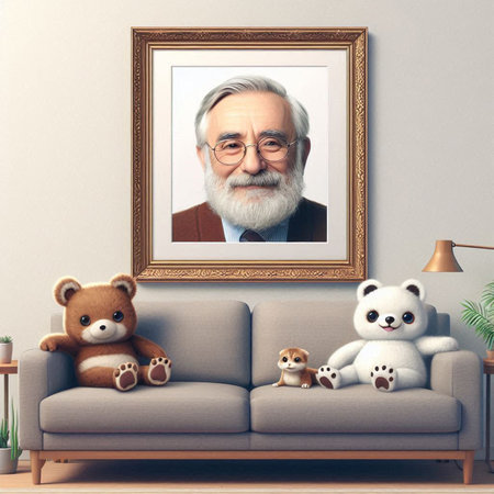 Portrait of an old man with a gray beard and mustache, sitting on a gray sofa in the living room...