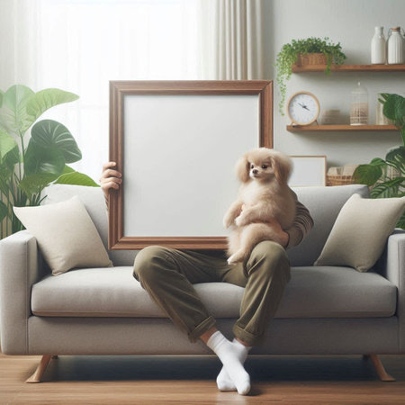 Young man sitting on sofa with his dog in living room, mock up