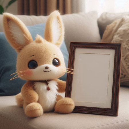 Easter bunny doll with photo frame on sofa in living room.の写真素材