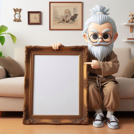 Old man with blank picture frame sitting on the floor in living room