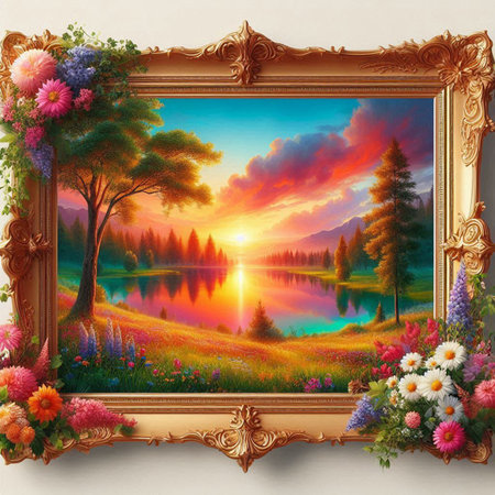 landscape with lake, trees and flowers in vintage frame on white background