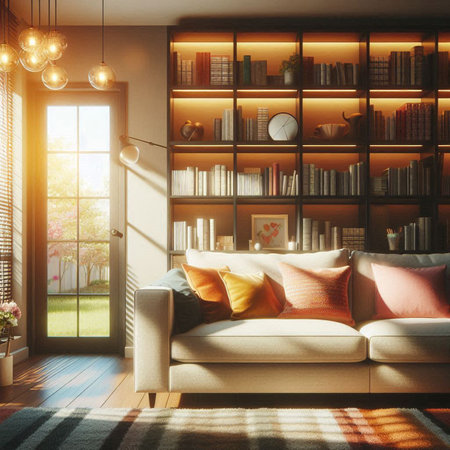 Living room interior with bookshelf and sofa. 3D Rendering