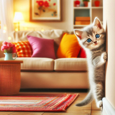 Cute little kitten in living room, close-upの写真素材