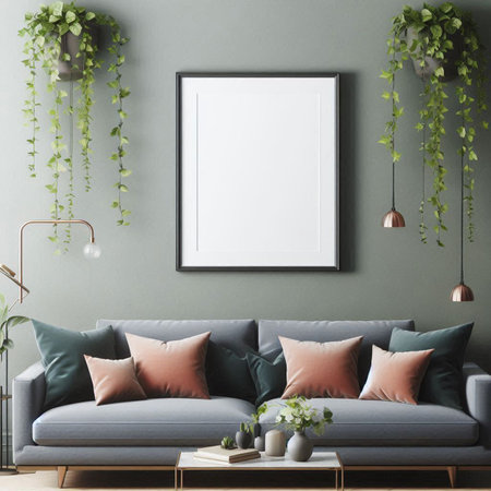 Interior of modern living room with grey sofa, coffee table and green plants. Mock up poster frame....