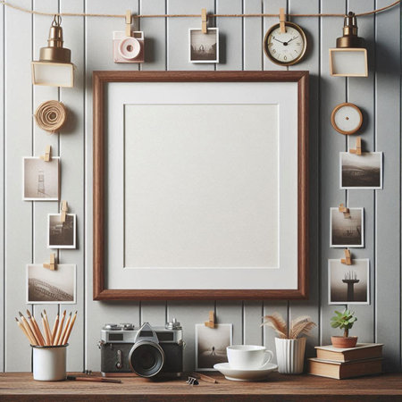 Mock up blank poster frame in hipster interior background, 3d renderの写真素材