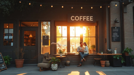 Beautiful young woman sitting on the terrace of a coffee shopの写真素材