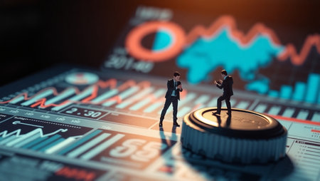 Miniature businessmen standing on coin with stock market graph and chart.の写真素材