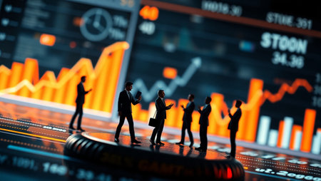 miniature business people on stock market graph background, stock market conceptの写真素材