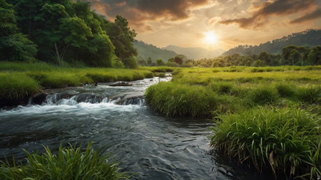 Beautiful view of the river flowing through the rice fields at sunsetの写真素材