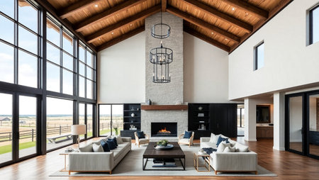 interior of modern living room with fireplace and wooden ceiling, 3d renderの写真素材