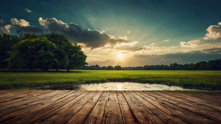 Wooden floor in the meadow. Nature background with copy spaceの写真素材