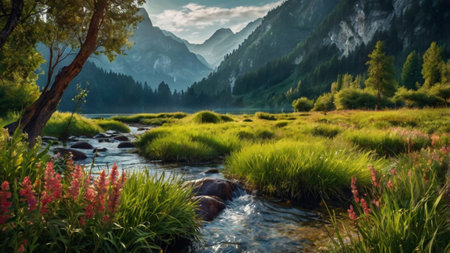 Panoramic view of beautiful mountain landscape with reflection in water.