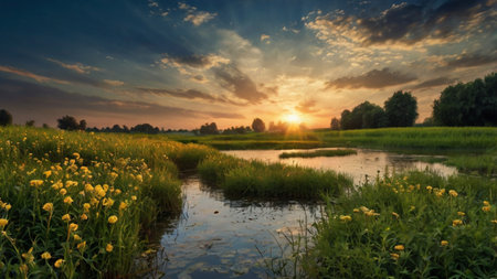 Sunset over a small river with yellow flowers in the foreground.の写真素材