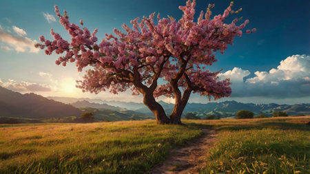 Beautiful blooming sakura tree on the meadow at sunsetの写真素材