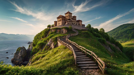 Panoramic view of the ancient fortress on a green hill at sunsetの写真素材