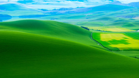 Tuscany, Italy. Landscape with green fields and blue skyの写真素材