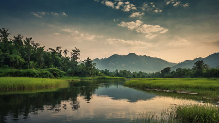 Landscape of a serene river surrounded by lush greenery and hills in the morning with sunlightの写真素材