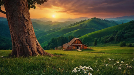 Beautiful sunset in the mountains. Rural landscape with a wooden house.の写真素材