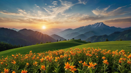 Beautiful sunset in the mountains with orange lily flowers and blue skyの写真素材