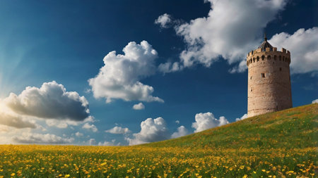 Beautiful panorama of an old tower on a hill with yellow flowersの写真素材